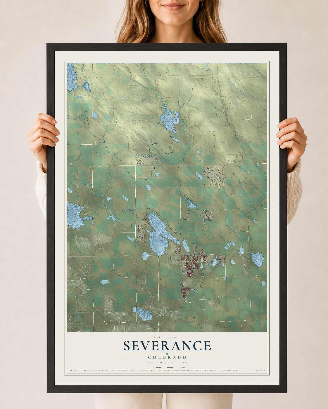 Map of Severance, Colorado, 24 x 36 inch print in a black wood frame
