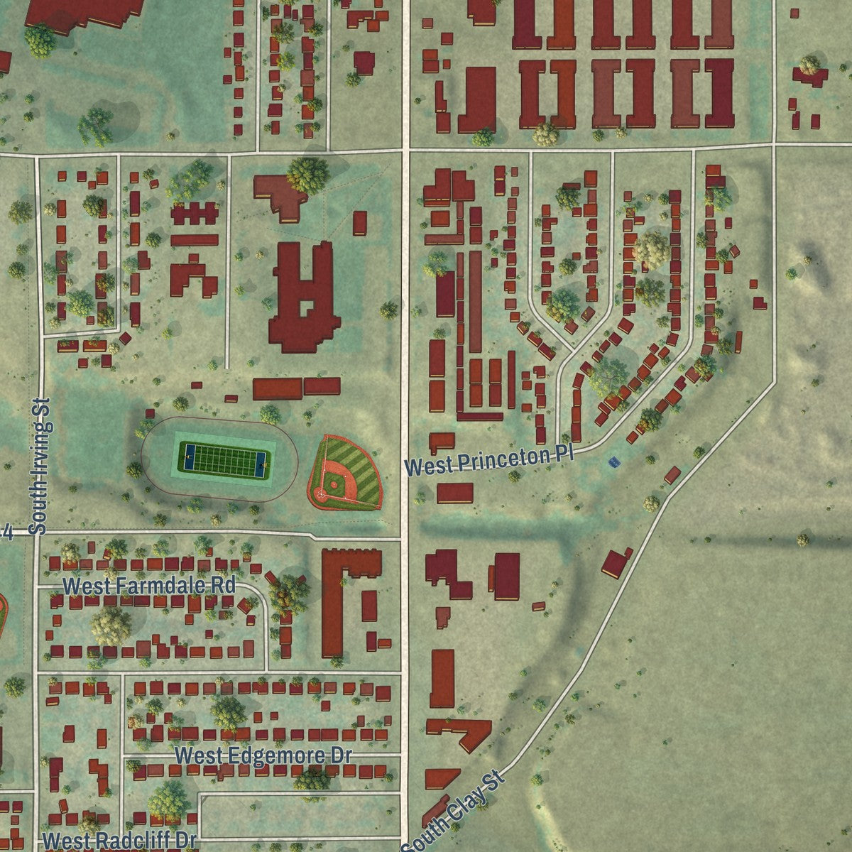 Second close-up of the map of Sheridan, Colorado print showing more streets and buildings