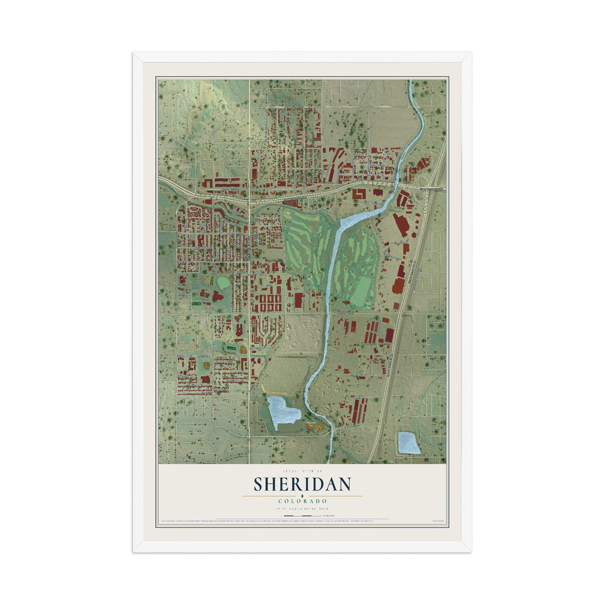 Map of Sheridan, Colorado, 12 x 18 inch print in a white wood frame
