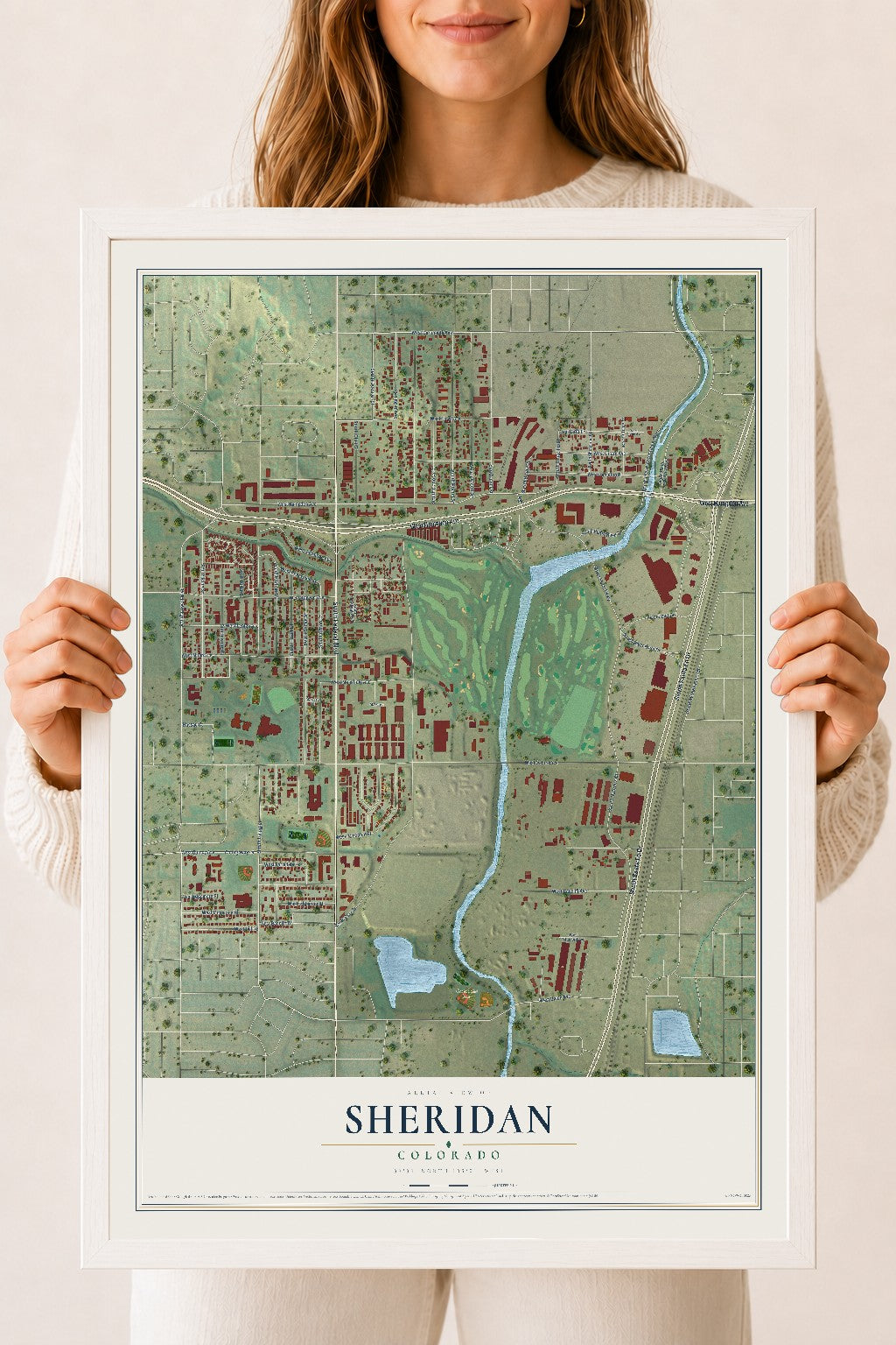 Map of Sheridan, Colorado, 18 x 24 inch print in a white wood frame