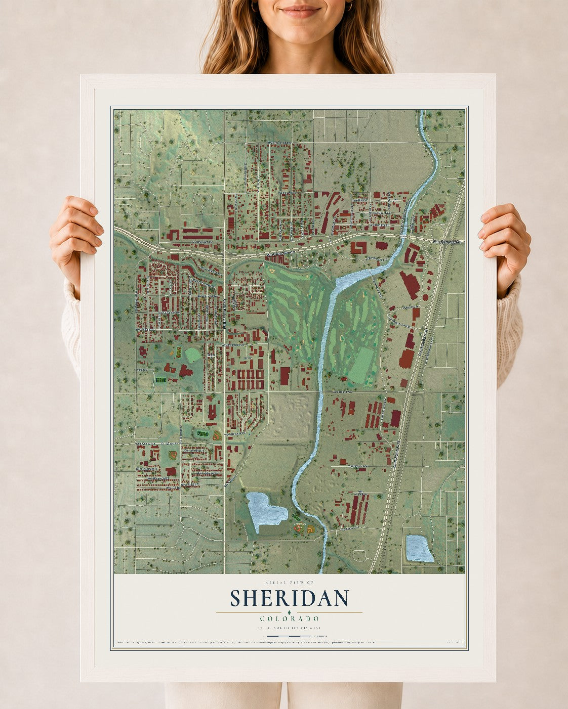 Map of Sheridan, Colorado, 24 x 36 inch print in a white wood frame