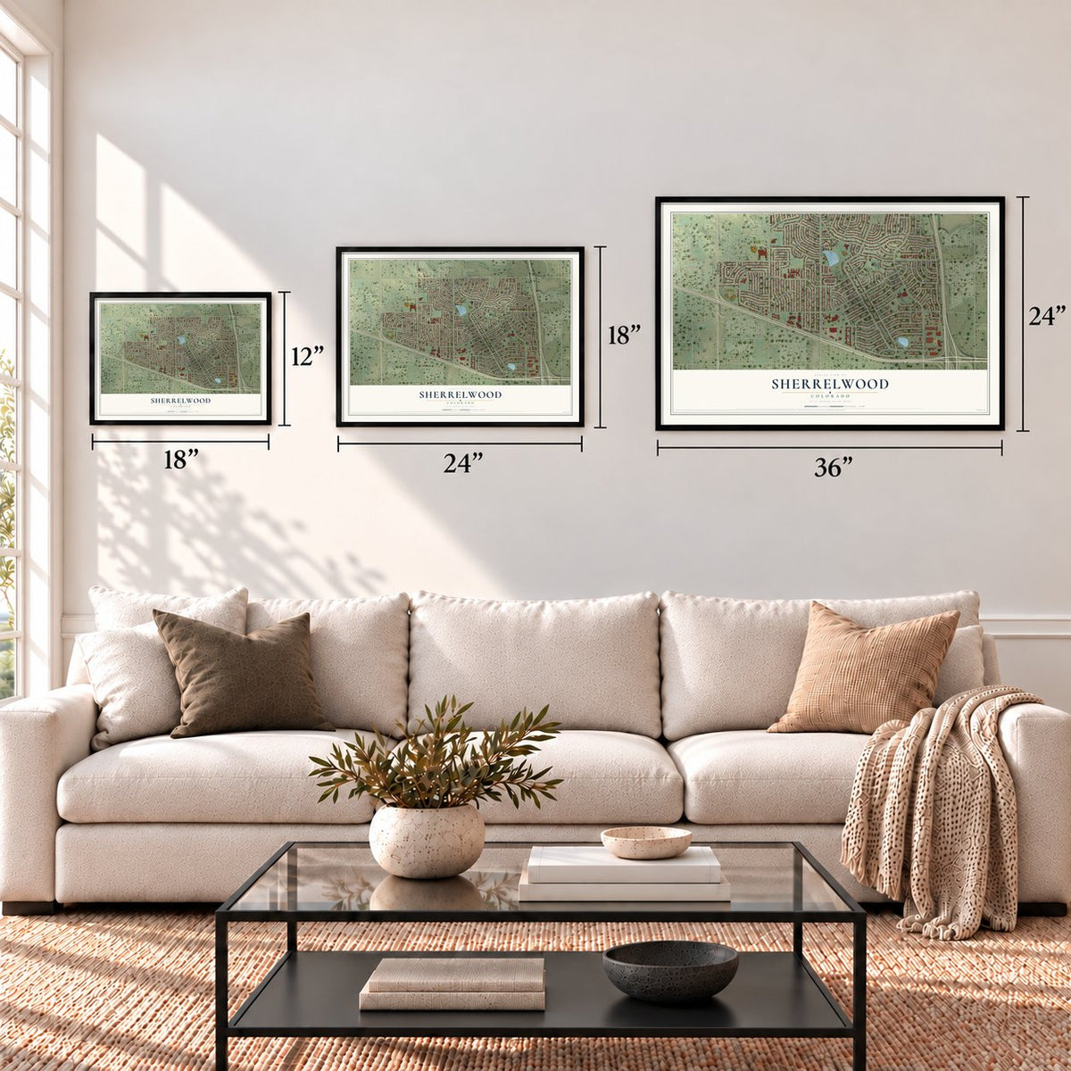 Sherrelwood, Colorado map in 12 x 18, 18 x 24 and 24 x 36 inch sizes above a sofa