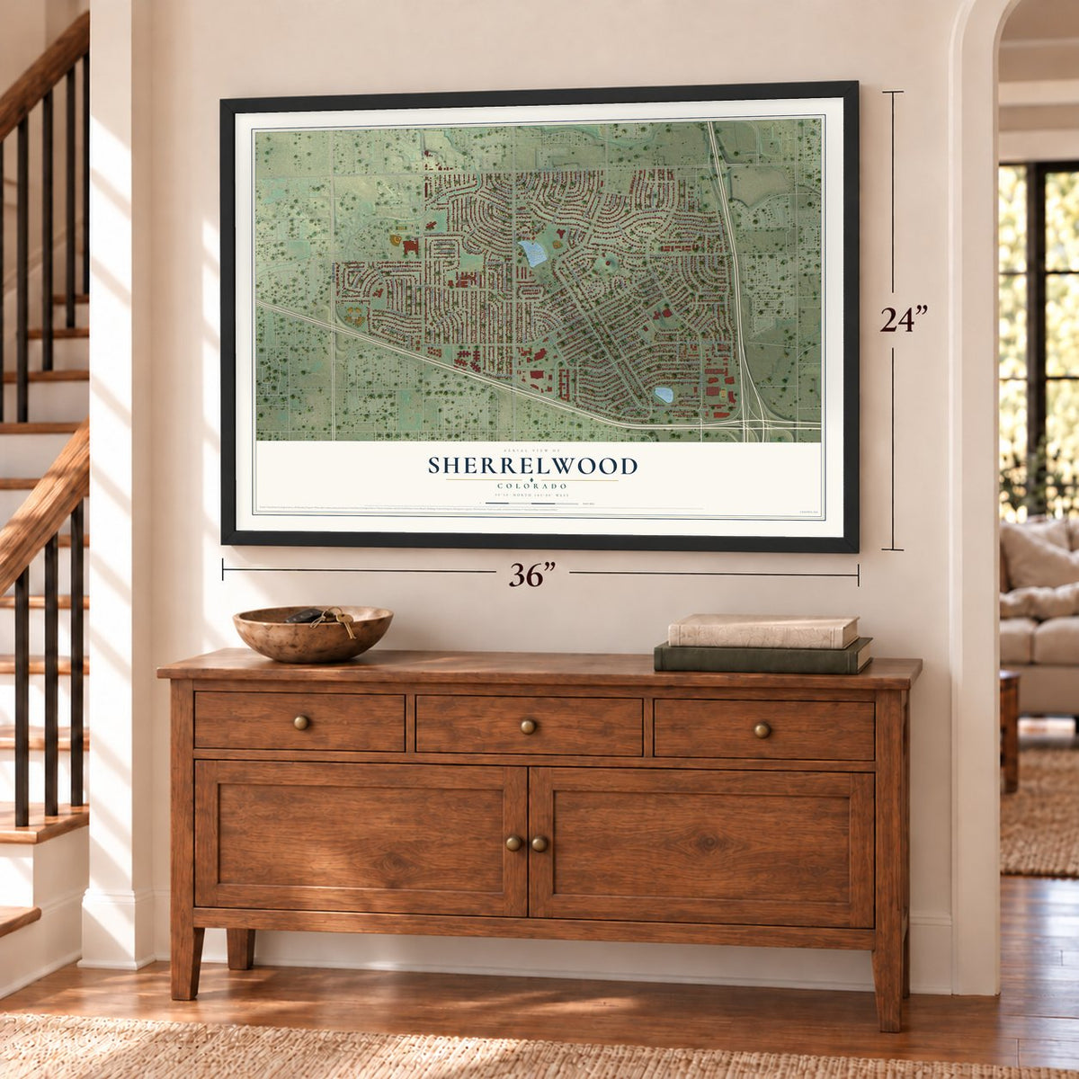 Sherrelwood, Colorado map, 24 x 36 inch print in a black frame above a dresser by a staircase