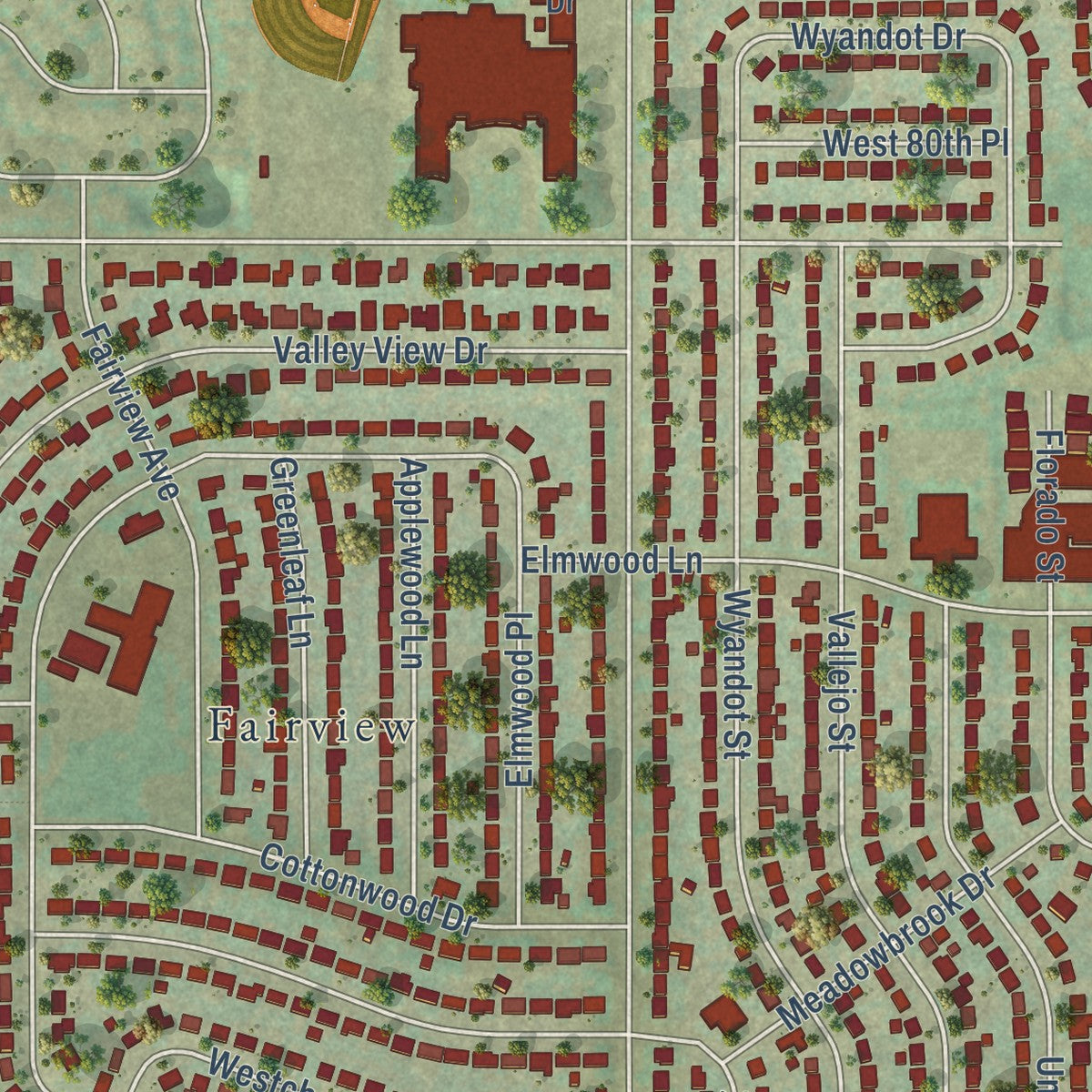 Close-up of the map of Sherrelwood, Colorado print showing street and building detail