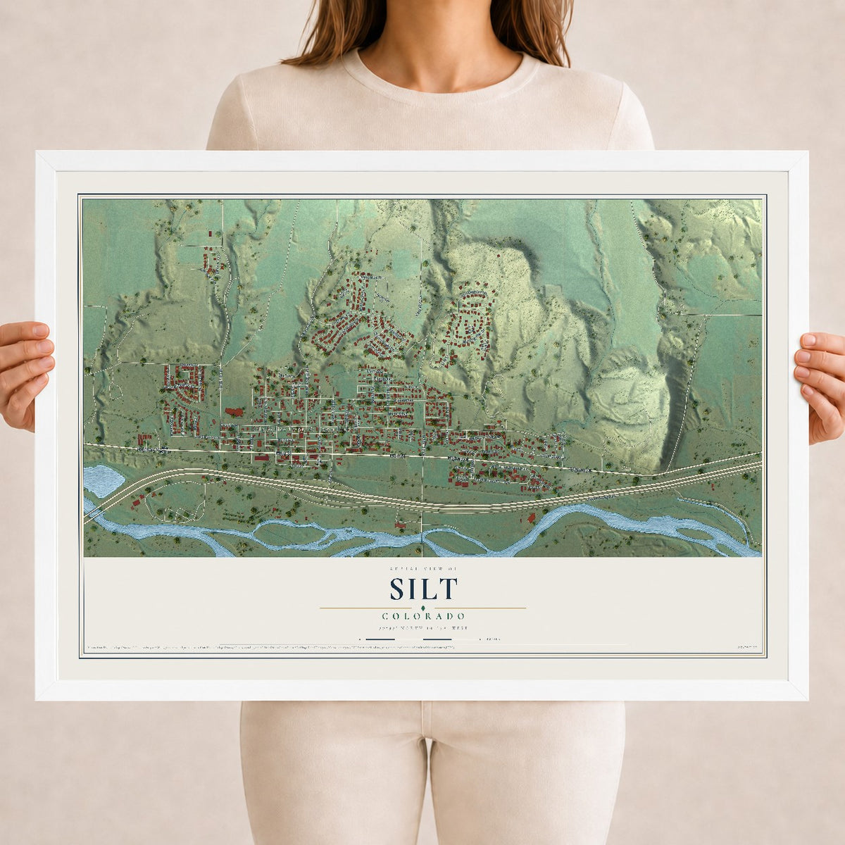 Map of Silt, Colorado, 18 x 24 inch print in a white wood frame