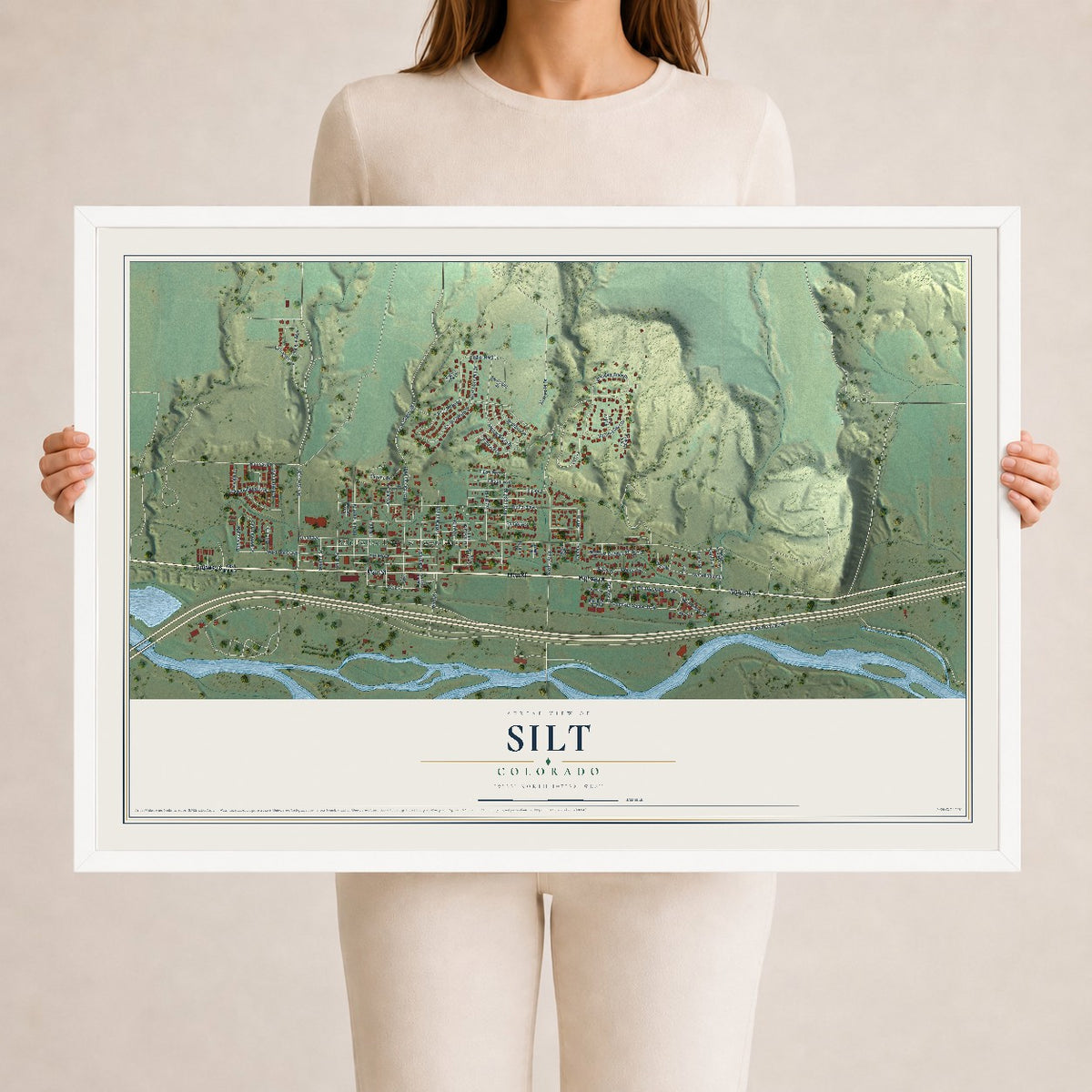 Map of Silt, Colorado, 24 x 36 inch print in a white wood frame