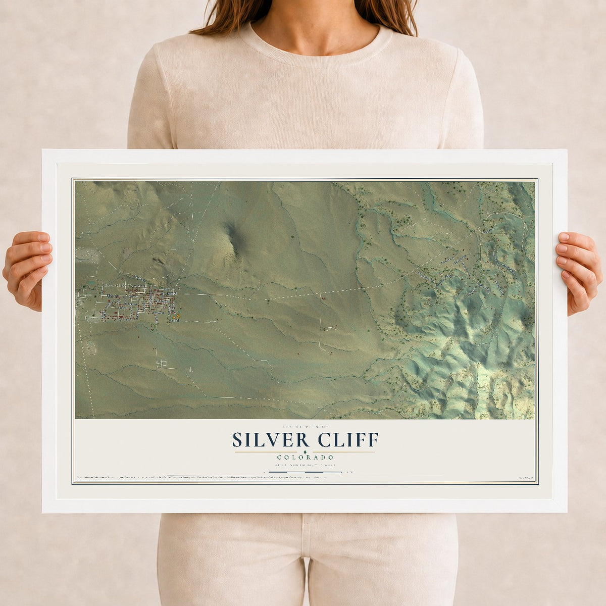 Map of Silver Cliff, Colorado, 12 x 18 inch print in a white wood frame