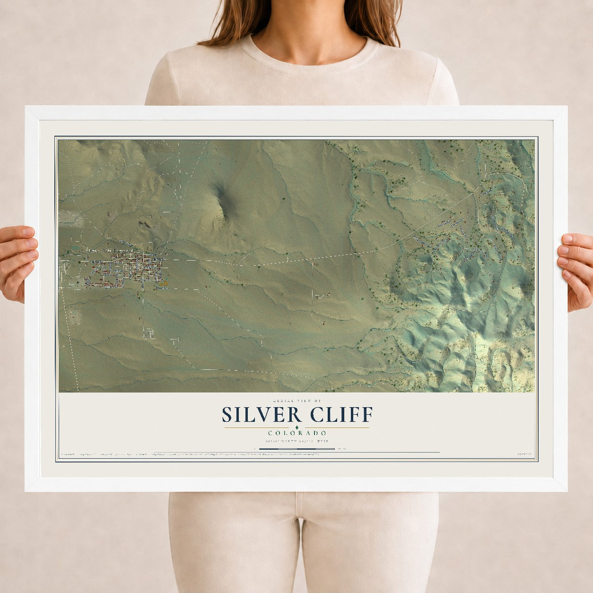 Map of Silver Cliff, Colorado, 18 x 24 inch print in a white wood frame