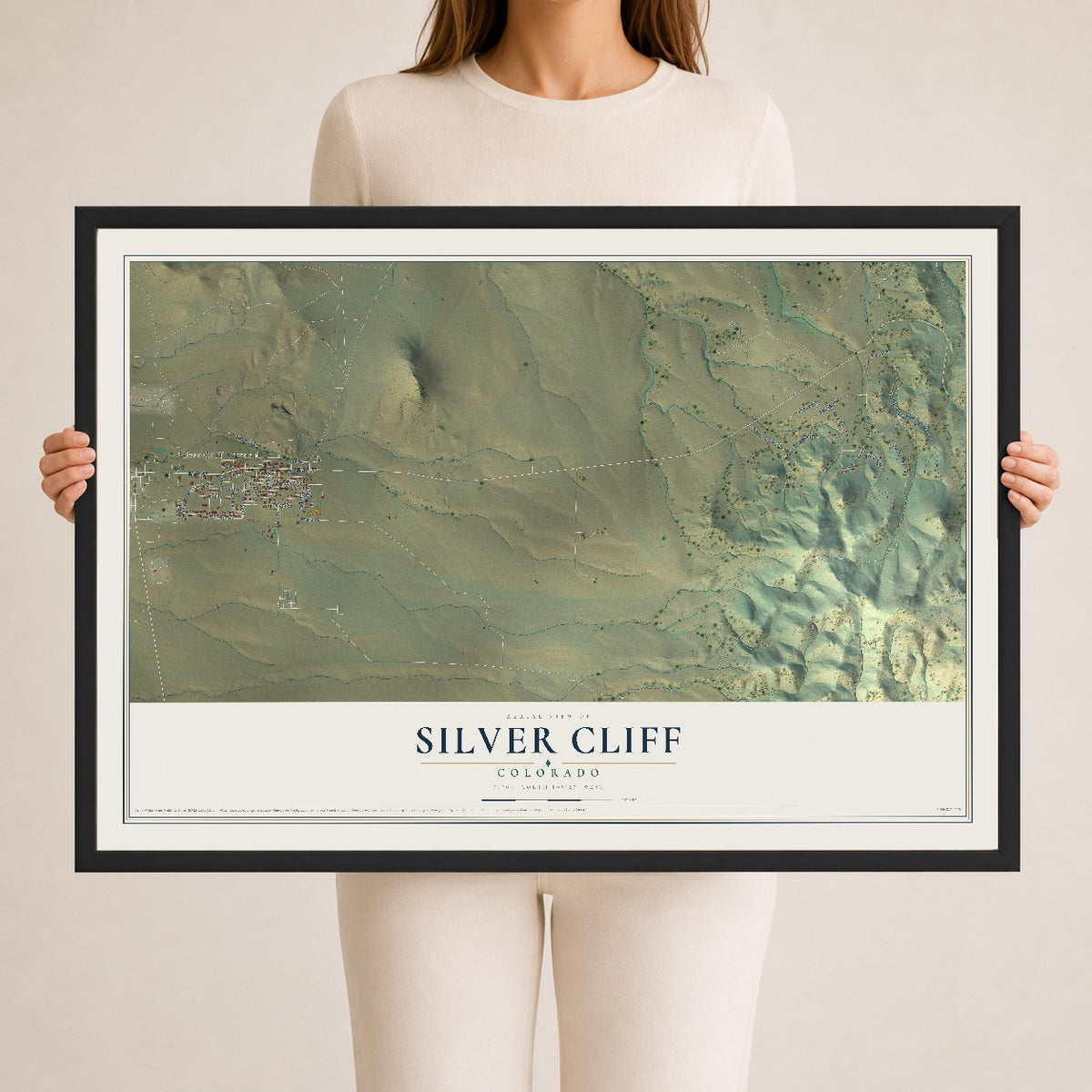 Map of Silver Cliff, Colorado, 24 x 36 inch print in a black wood frame