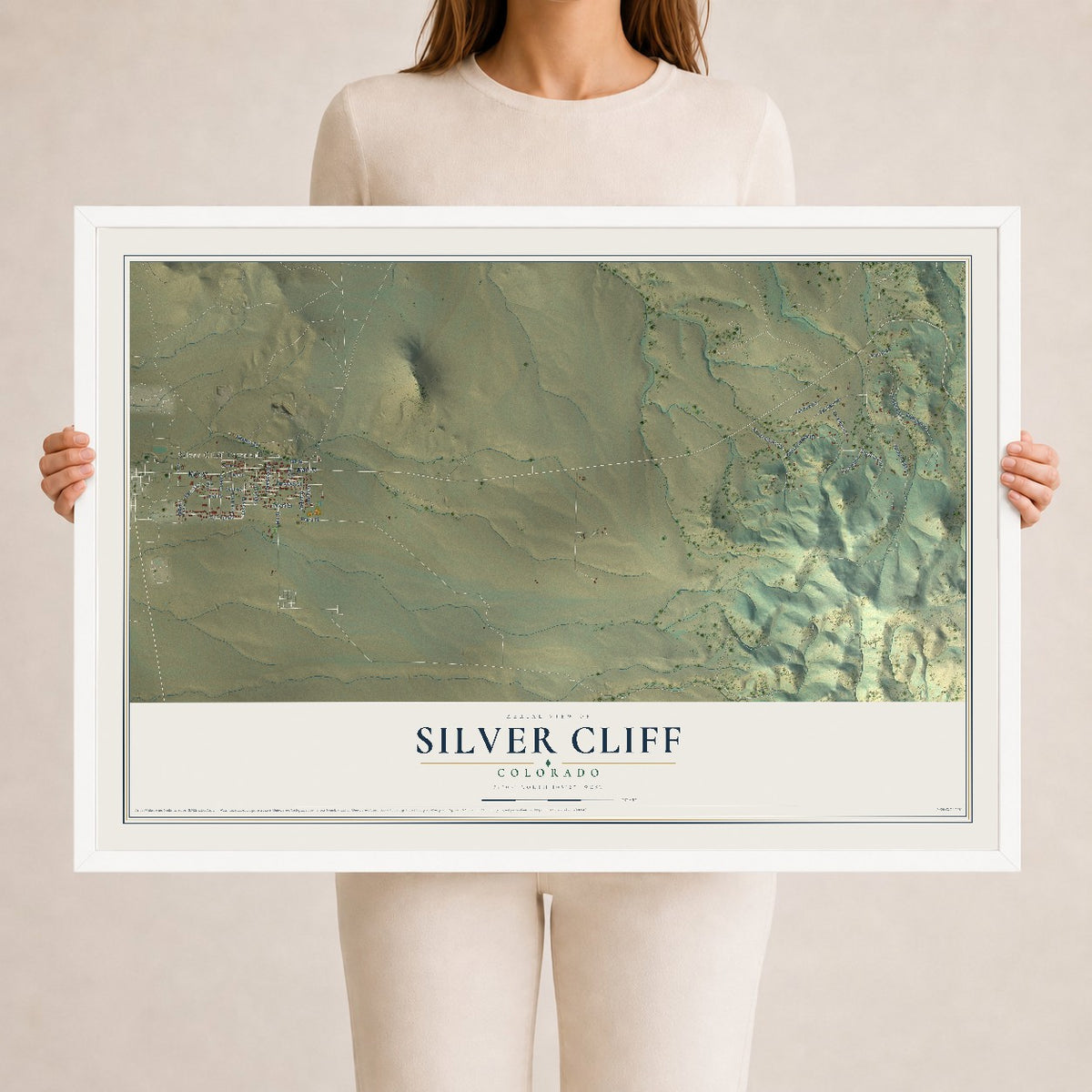 Map of Silver Cliff, Colorado, 24 x 36 inch print in a white wood frame