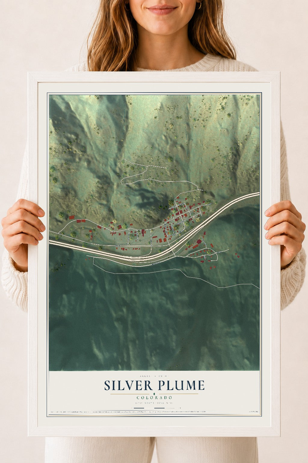 Map of Silver Plume, Colorado, 18 x 24 inch print in a white wood frame