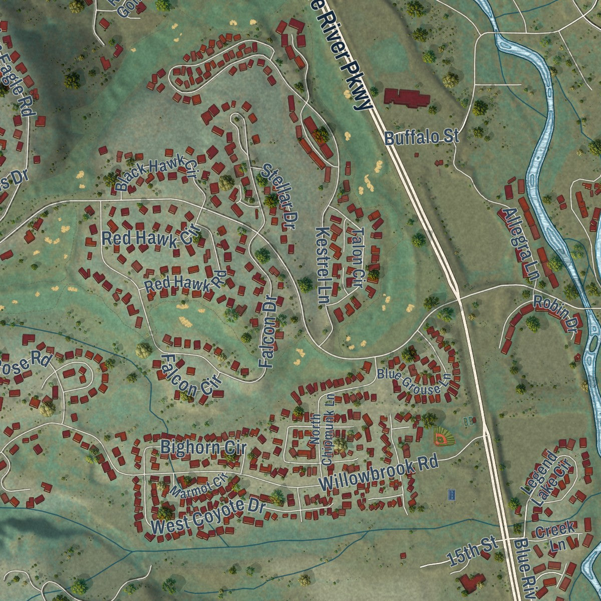 Close-up of the map of Silverthorne, Colorado print showing street and building detail