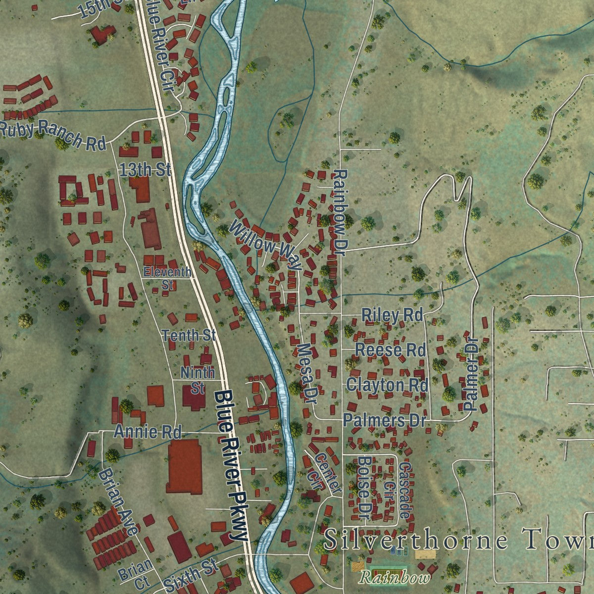 Second close-up of the map of Silverthorne, Colorado print showing more streets and buildings