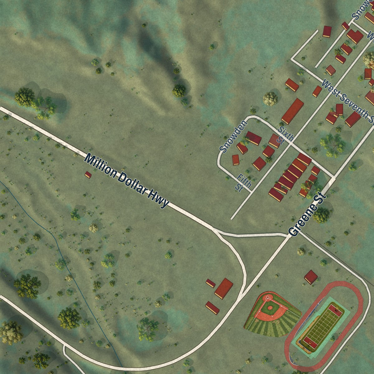 Second close-up of the map of Silverton, Colorado print showing more streets and buildings
