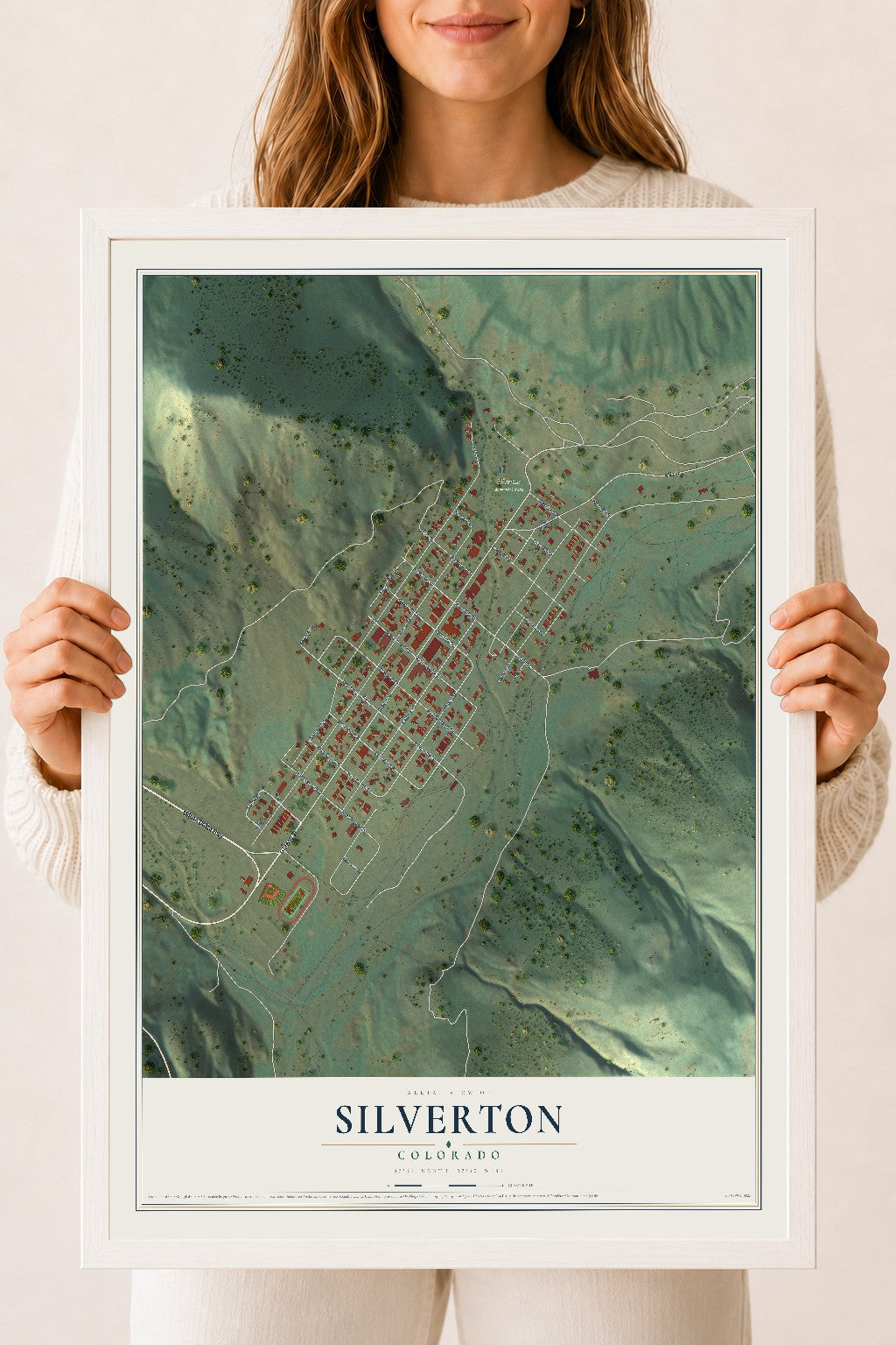 Map of Silverton, Colorado, 18 x 24 inch print in a white wood frame