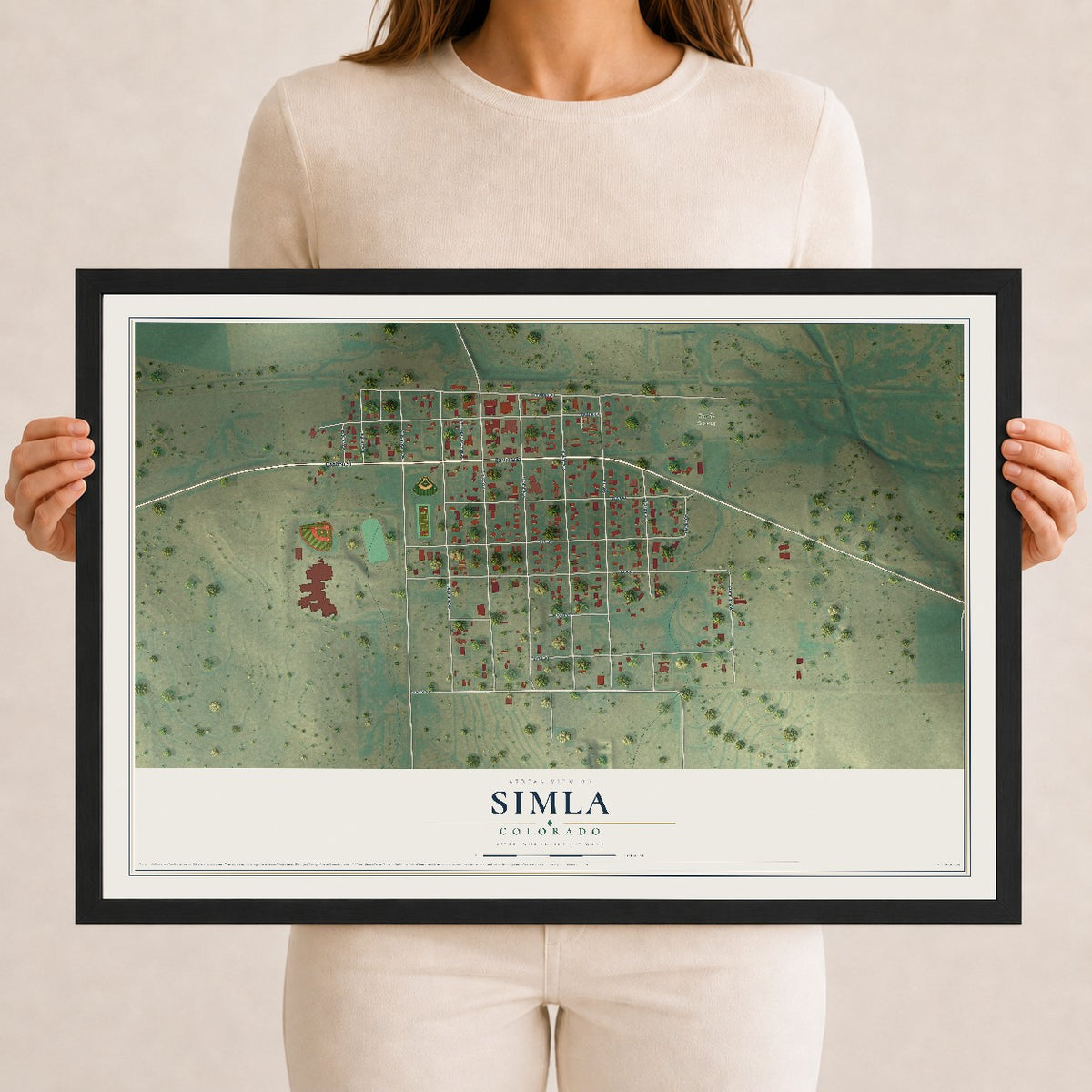 Map of Simla, Colorado, 12 x 18 inch print in a black wood frame