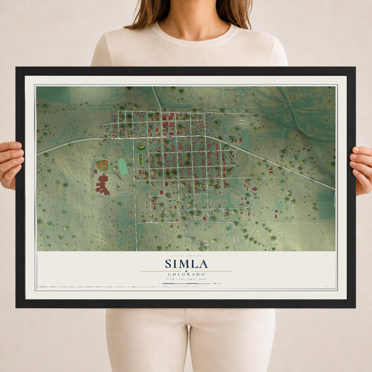 Map of Simla, Colorado, 18 x 24 inch print in a black wood frame