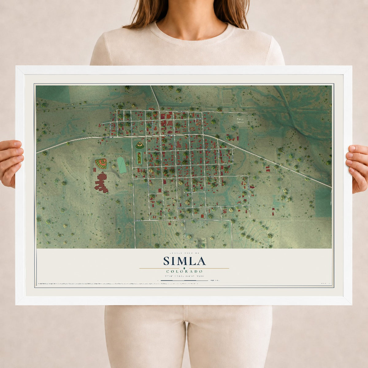 Map of Simla, Colorado, 18 x 24 inch print in a white wood frame