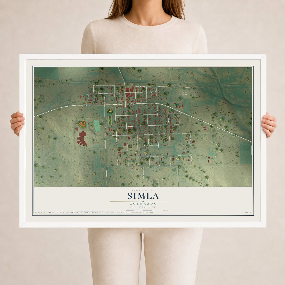 Map of Simla, Colorado, 24 x 36 inch print in a white wood frame