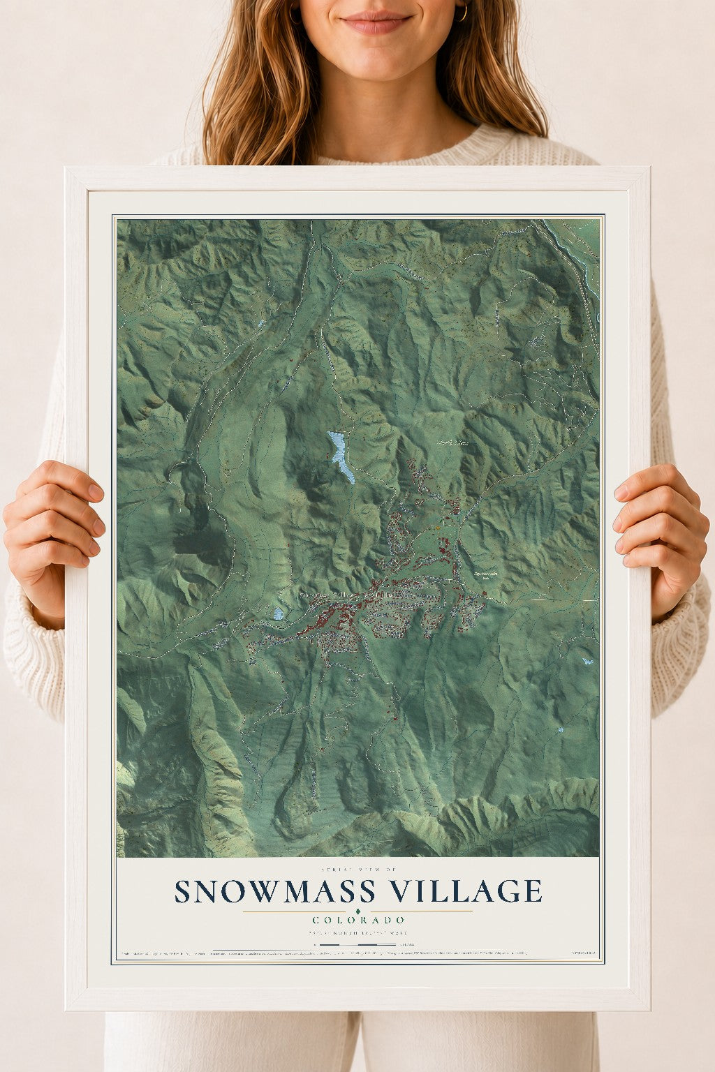 Map of Snowmass Village, Colorado, 18 x 24 inch print in a white wood frame