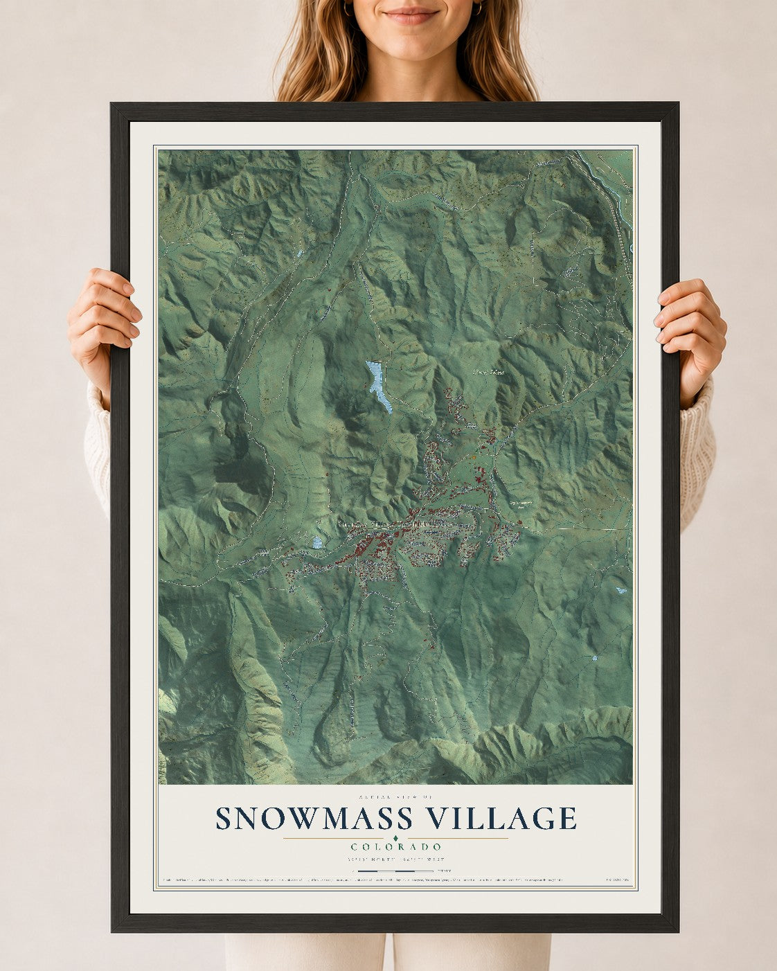 Map of Snowmass Village, Colorado, 24 x 36 inch print in a black wood frame