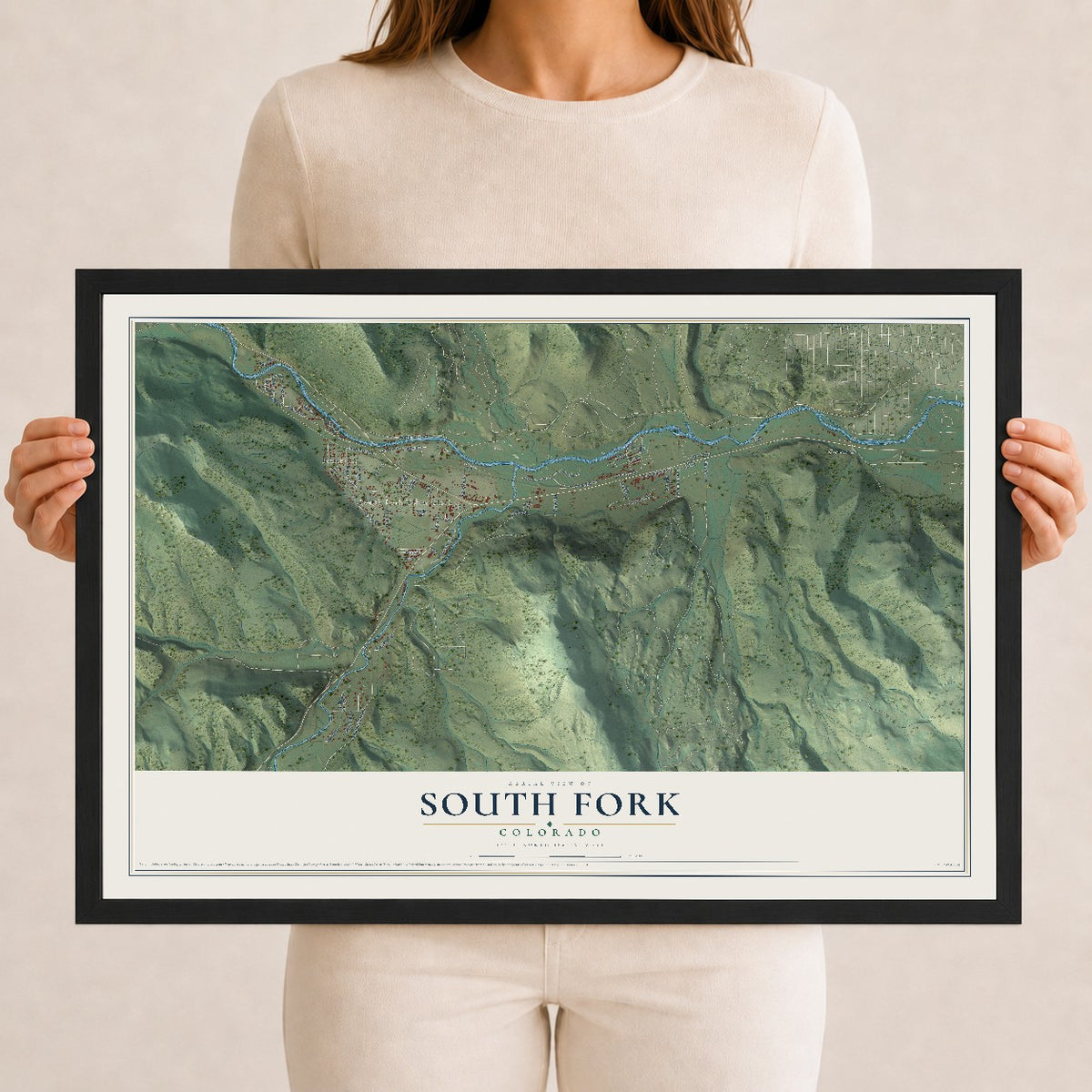 Map of South Fork, Colorado, 12 x 18 inch print in a black wood frame