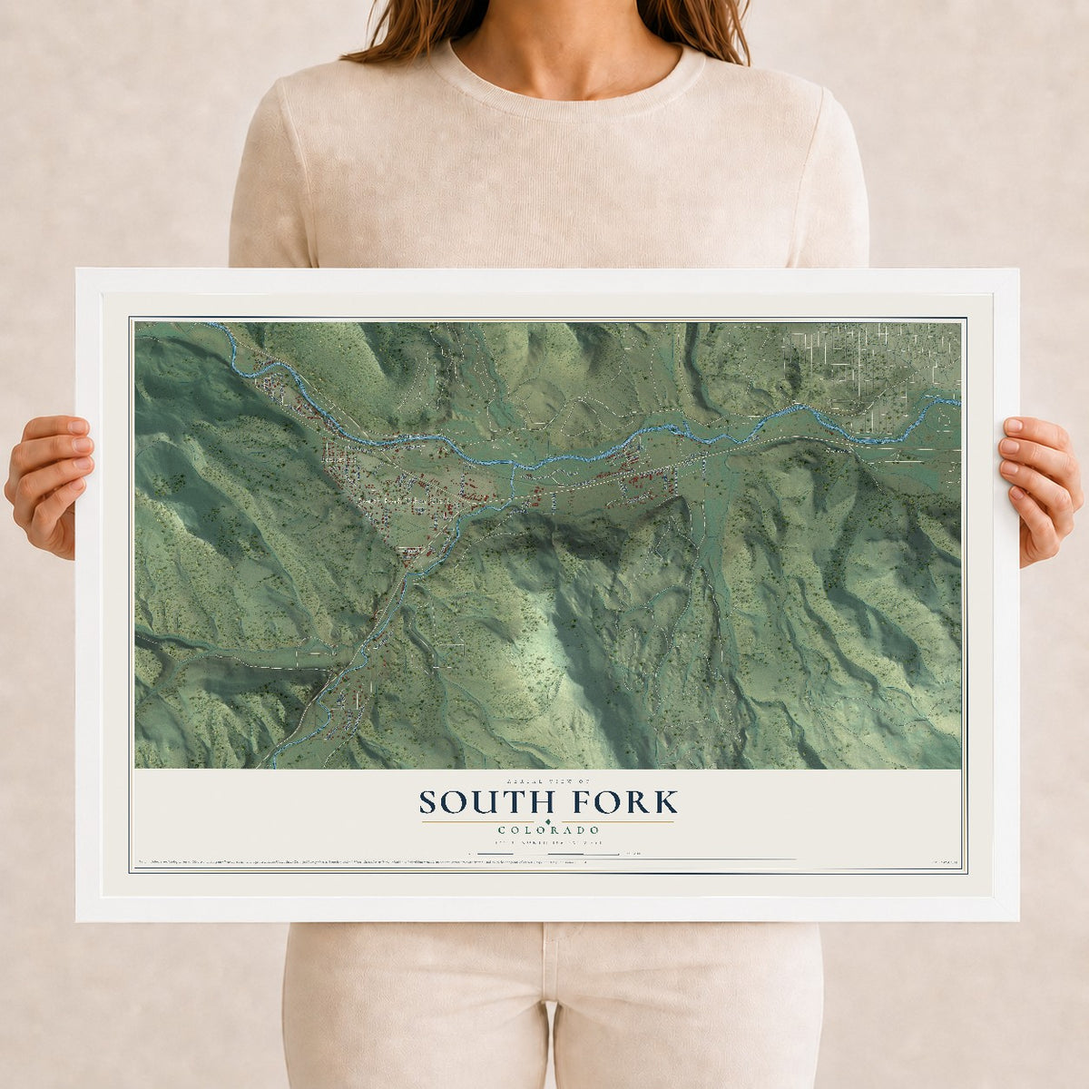 Map of South Fork, Colorado, 12 x 18 inch print in a white wood frame