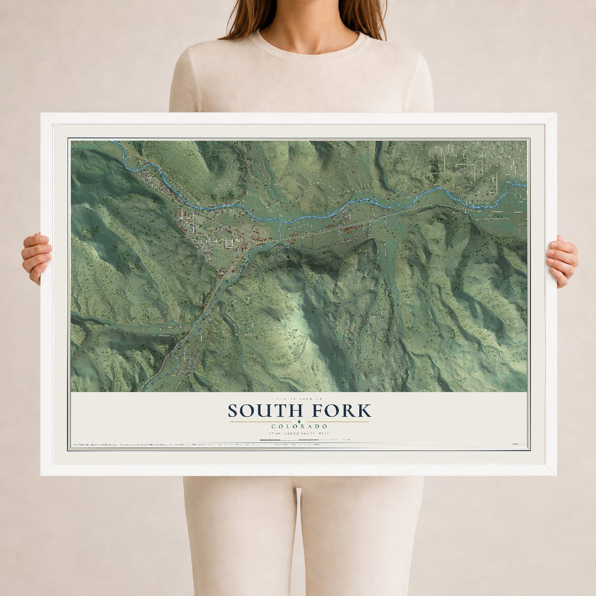 Map of South Fork, Colorado, 24 x 36 inch print in a white wood frame