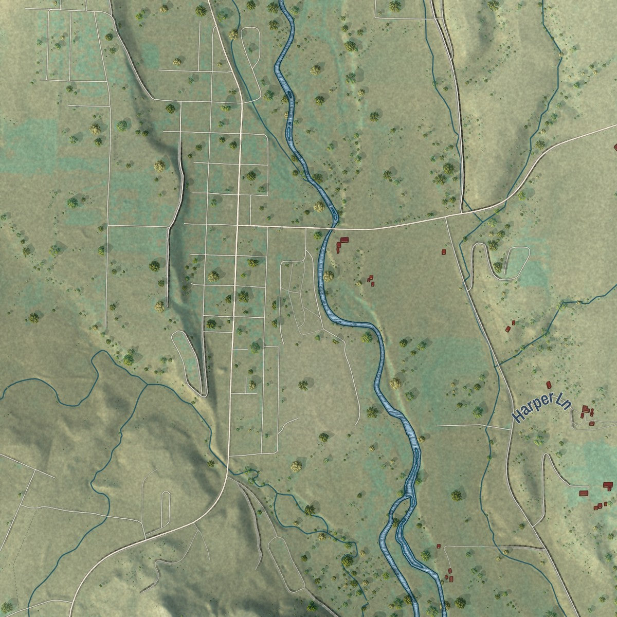Close-up of the map of Southern Ute, Colorado print showing street and building detail