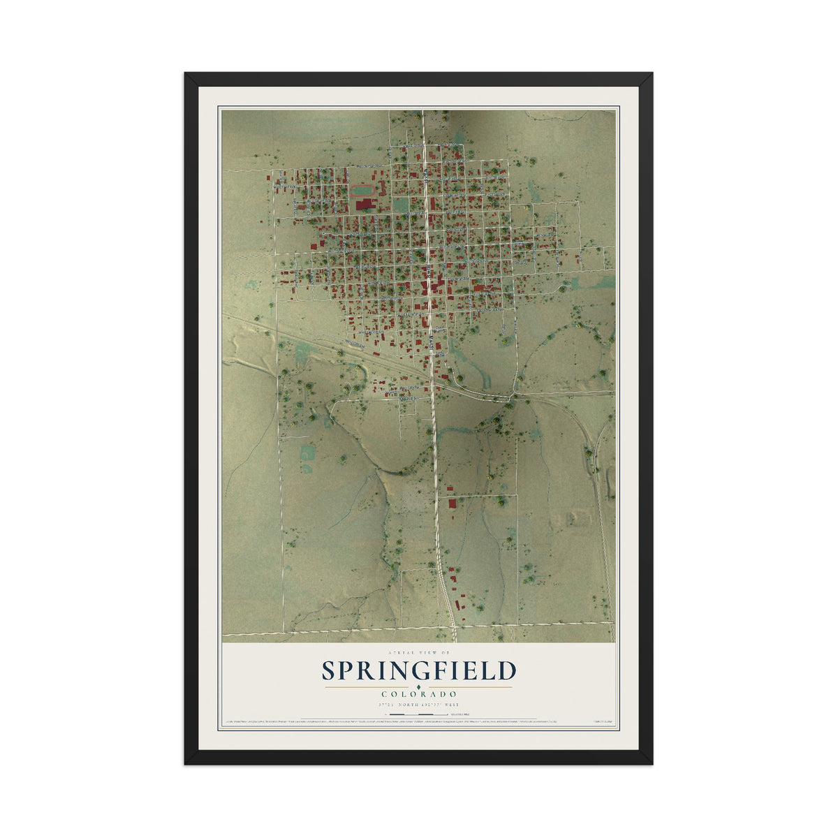 Map of Springfield, Colorado, 12 x 18 inch print in a black wood frame