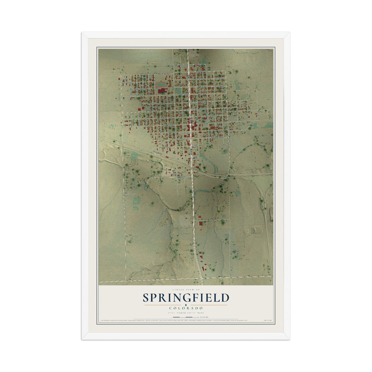 Map of Springfield, Colorado, 12 x 18 inch print in a white wood frame