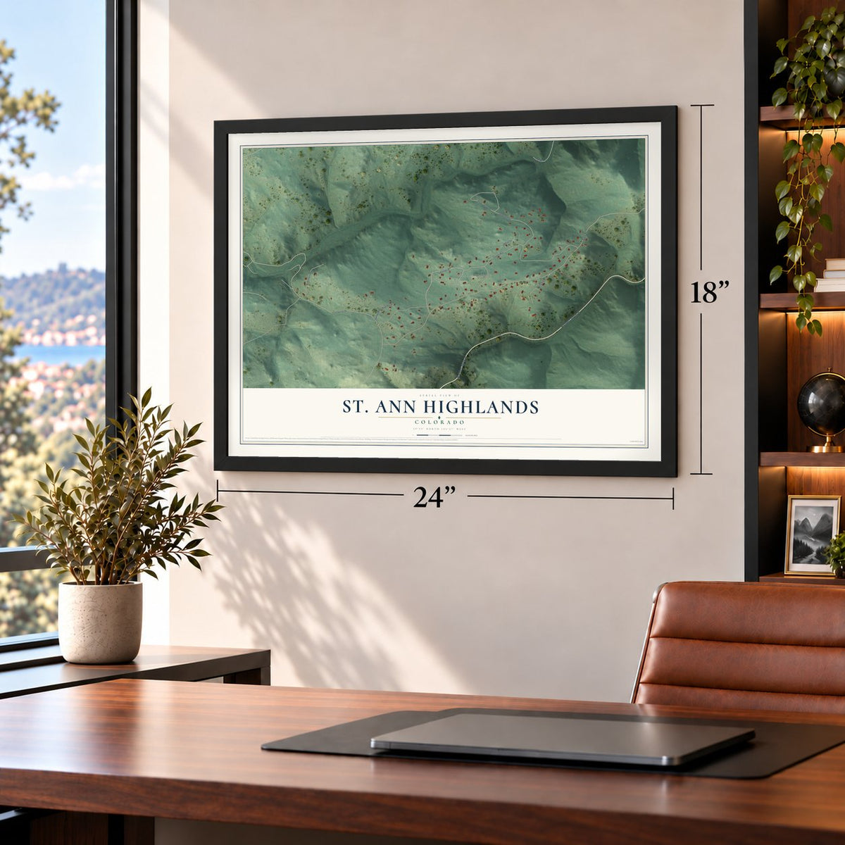 St. Ann Highlands, Colorado map, 18 x 24 inch print in a black frame in a home office