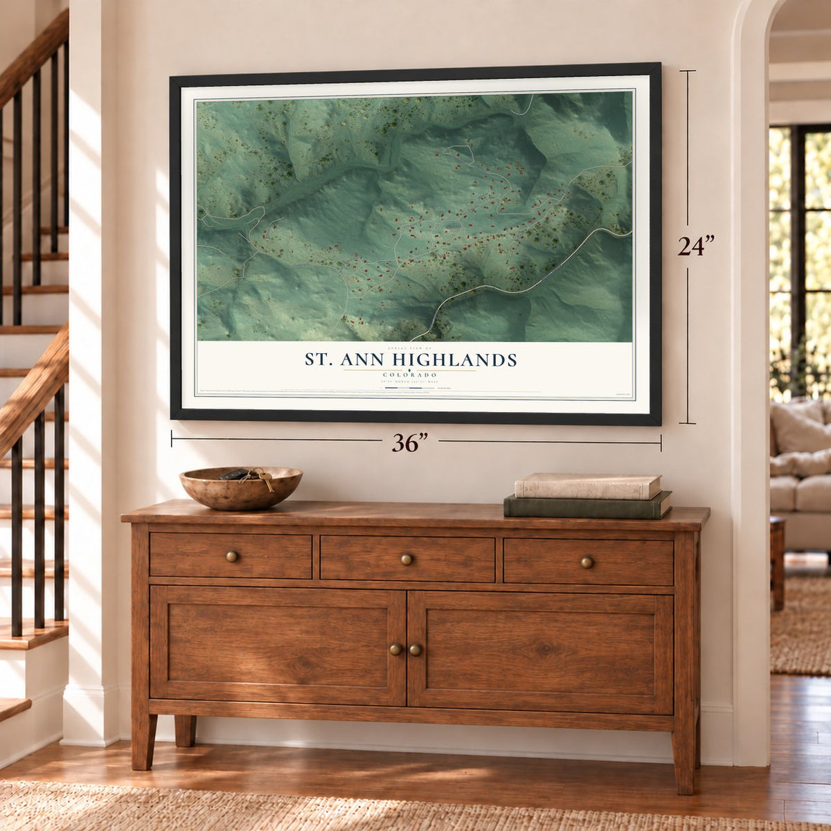 St. Ann Highlands, Colorado map, 24 x 36 inch print in a black frame above a dresser by a staircase