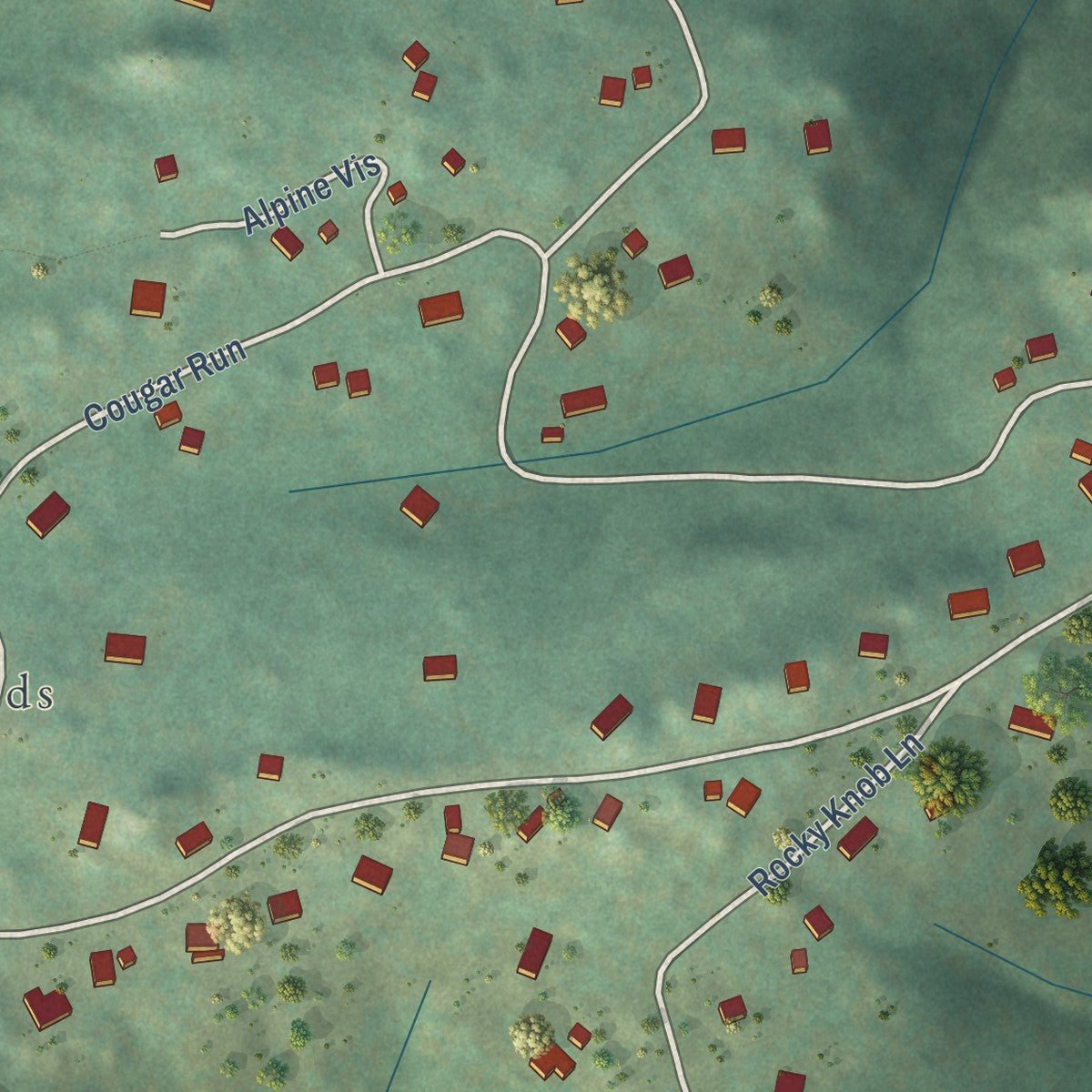 Close-up of the map of St. Ann Highlands, Colorado print showing street and building detail