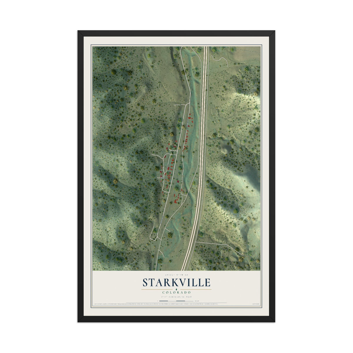 Map of Starkville, Colorado, 12 x 18 inch print in a black wood frame