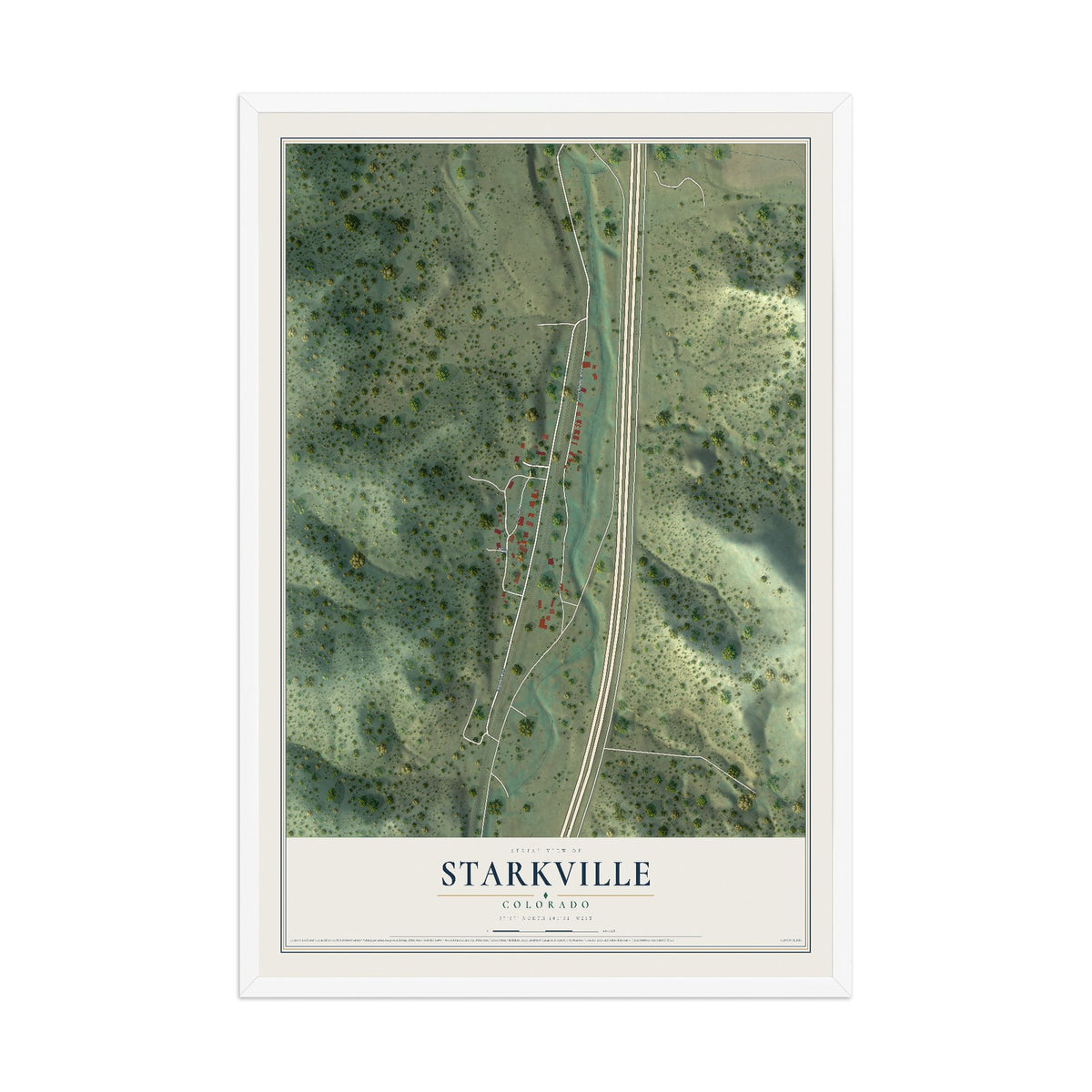 Map of Starkville, Colorado, 12 x 18 inch print in a white wood frame