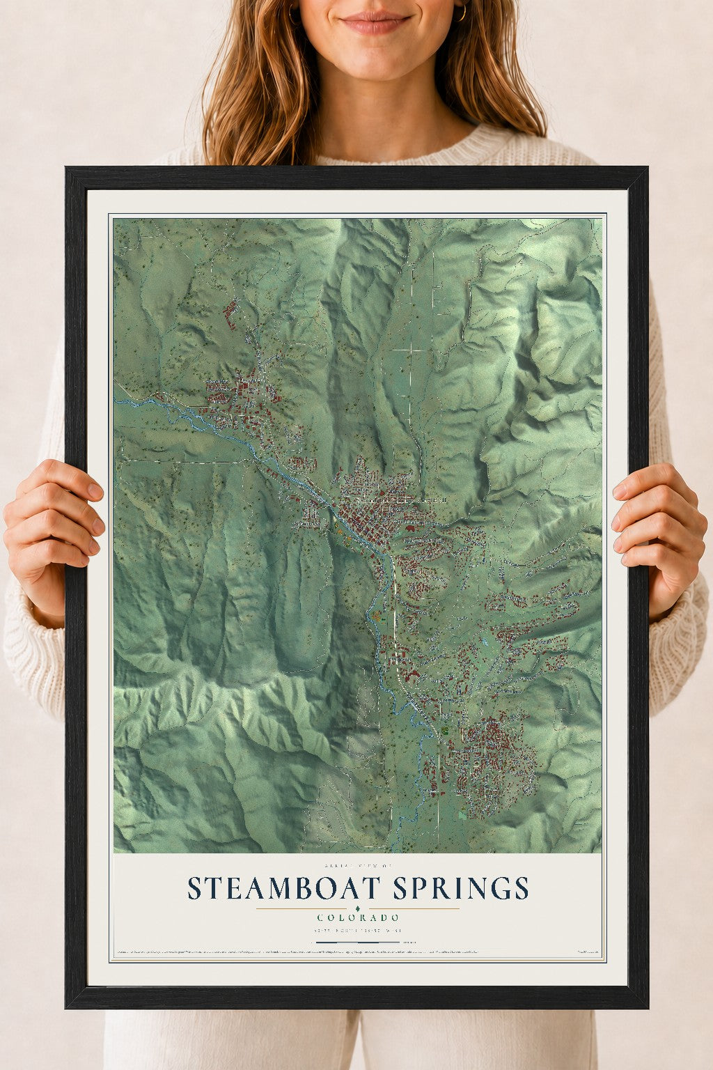Map of Steamboat Springs, Colorado, 18 x 24 inch print in a black wood frame