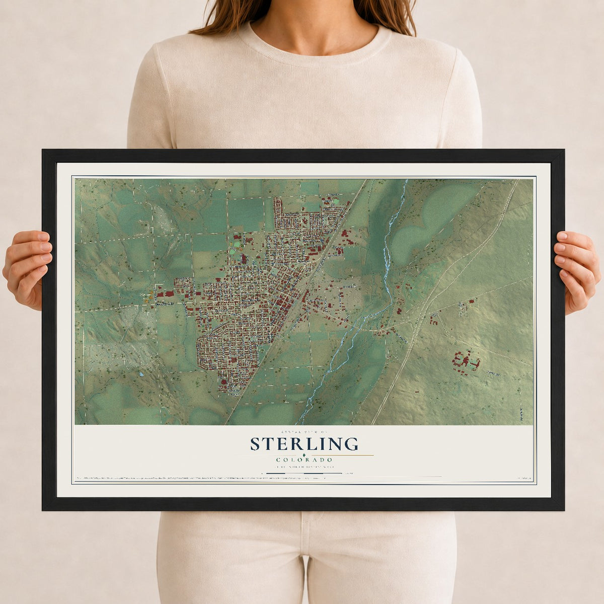 Map of Sterling, Colorado, 12 x 18 inch print in a black wood frame