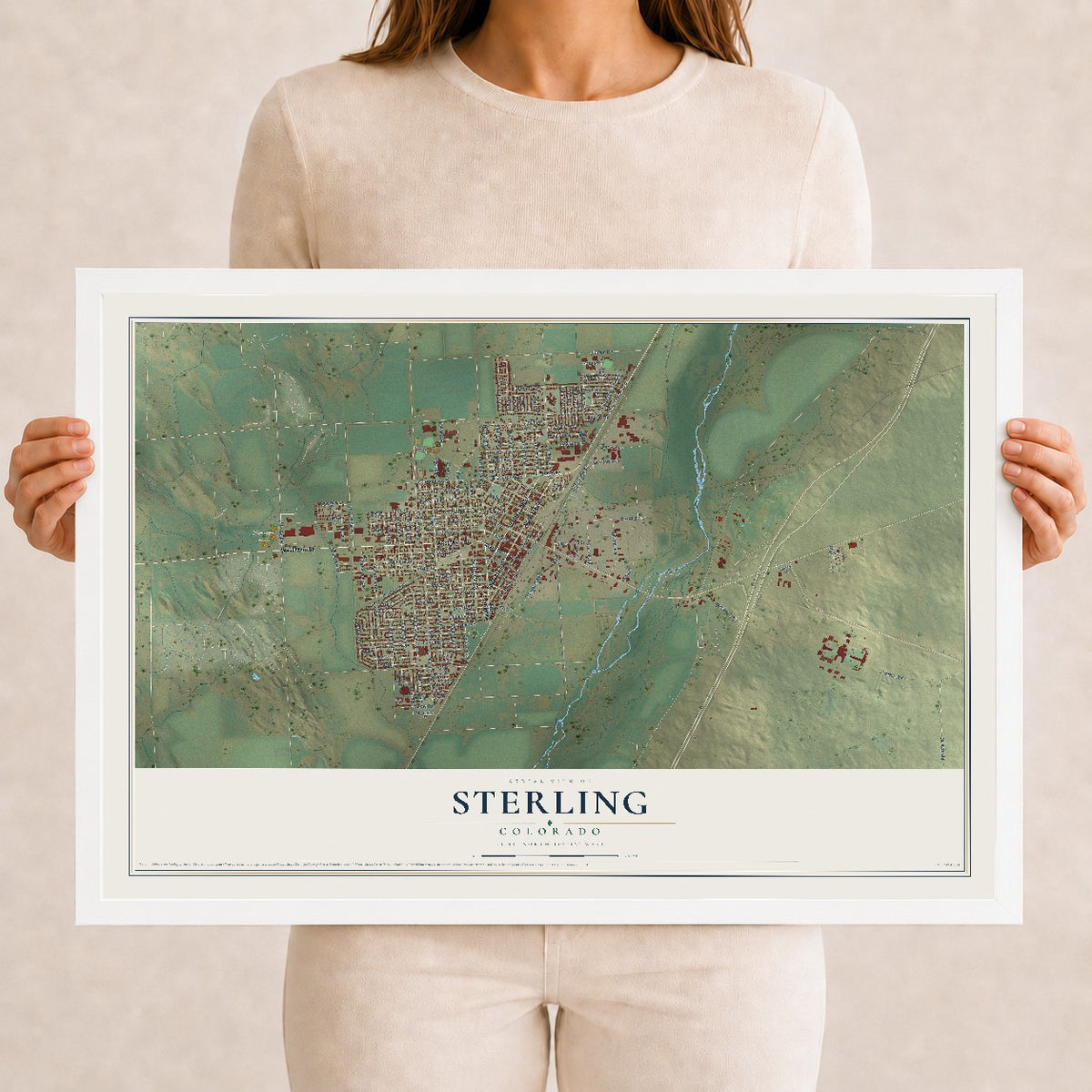 Map of Sterling, Colorado, 12 x 18 inch print in a white wood frame