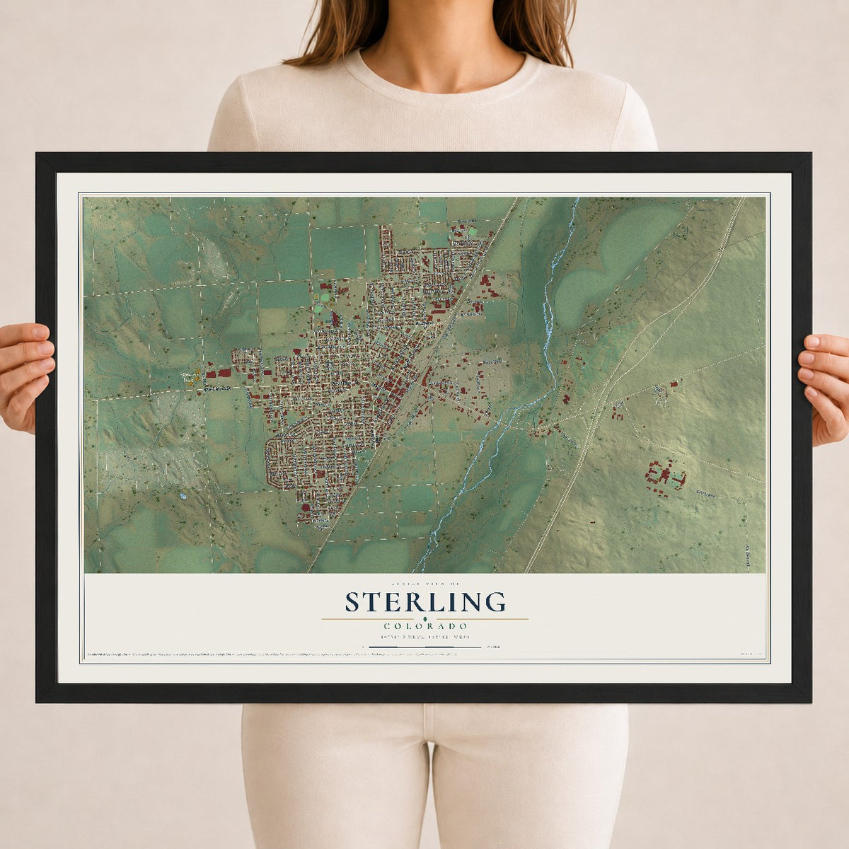 Map of Sterling, Colorado, 18 x 24 inch print in a black wood frame