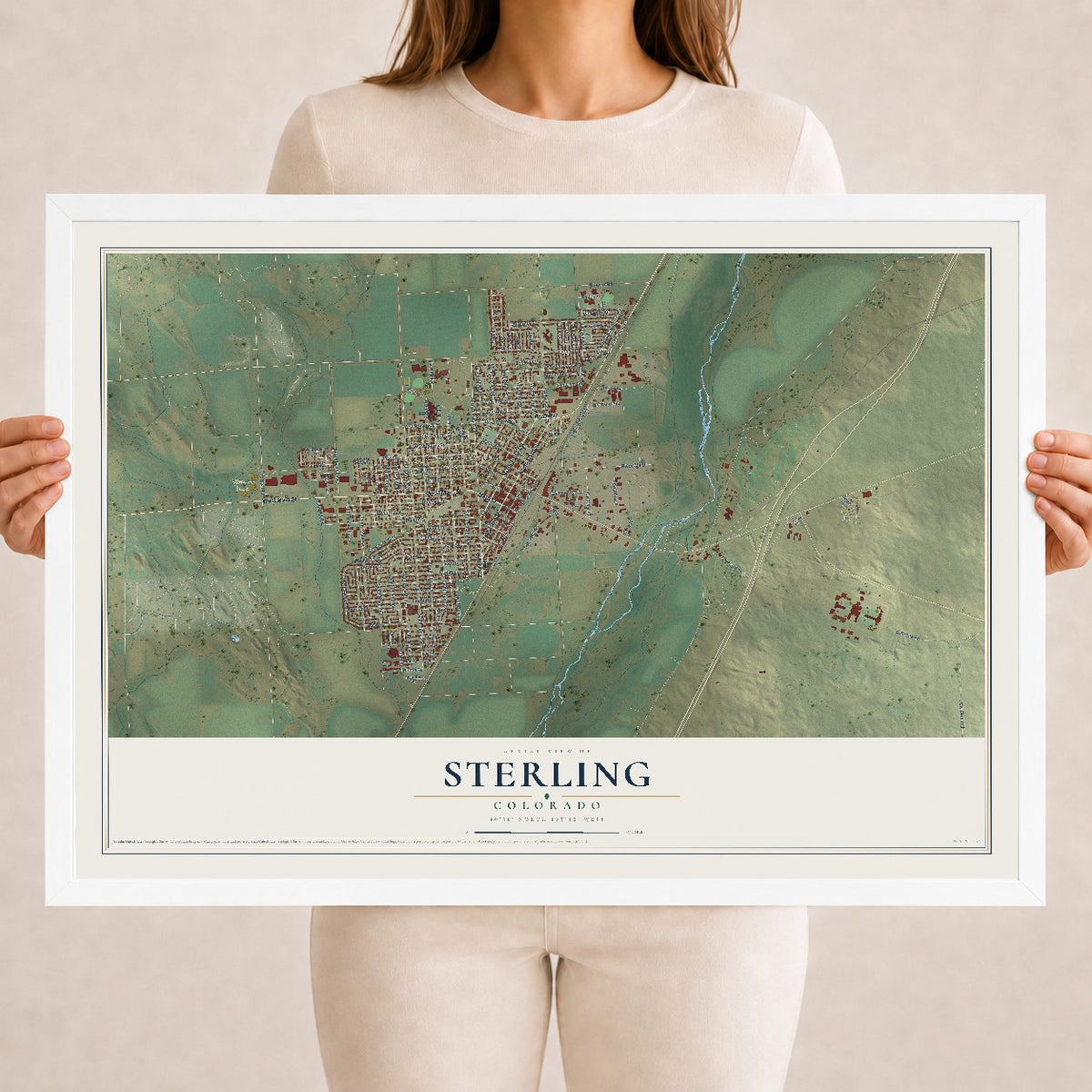 Map of Sterling, Colorado, 18 x 24 inch print in a white wood frame