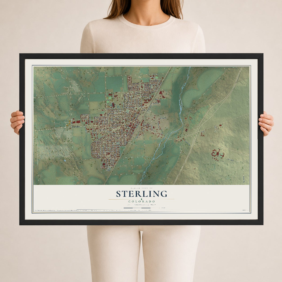 Map of Sterling, Colorado, 24 x 36 inch print in a black wood frame