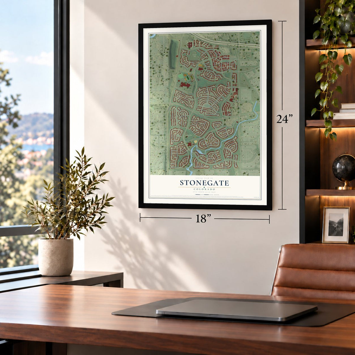 Stonegate, Colorado map, 18 x 24 inch print in a black frame in a home office