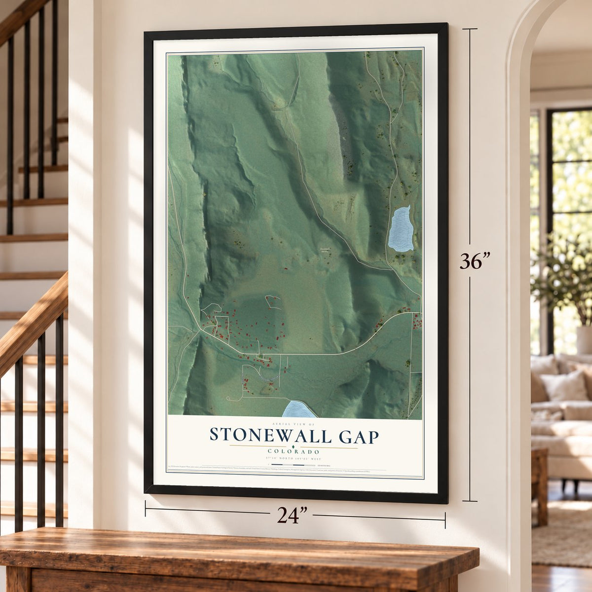 Stonewall Gap, Colorado map, 24 x 36 inch print in a black frame by a staircase