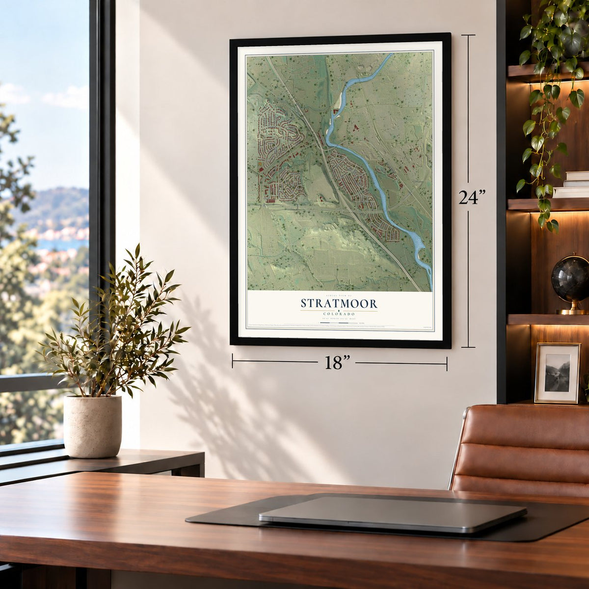 Stratmoor, Colorado map, 18 x 24 inch print in a black frame in a home office