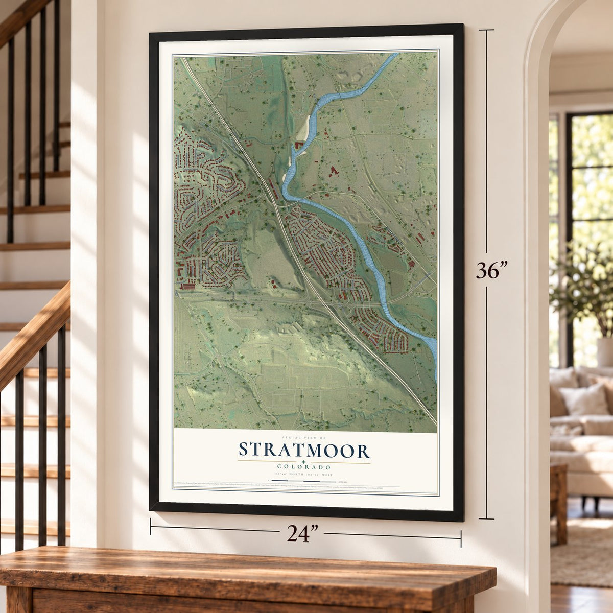 Stratmoor, Colorado map, 24 x 36 inch print in a black frame by a staircase