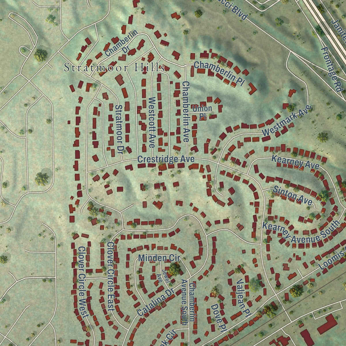 Close-up of the map of Stratmoor, Colorado print showing street and building detail