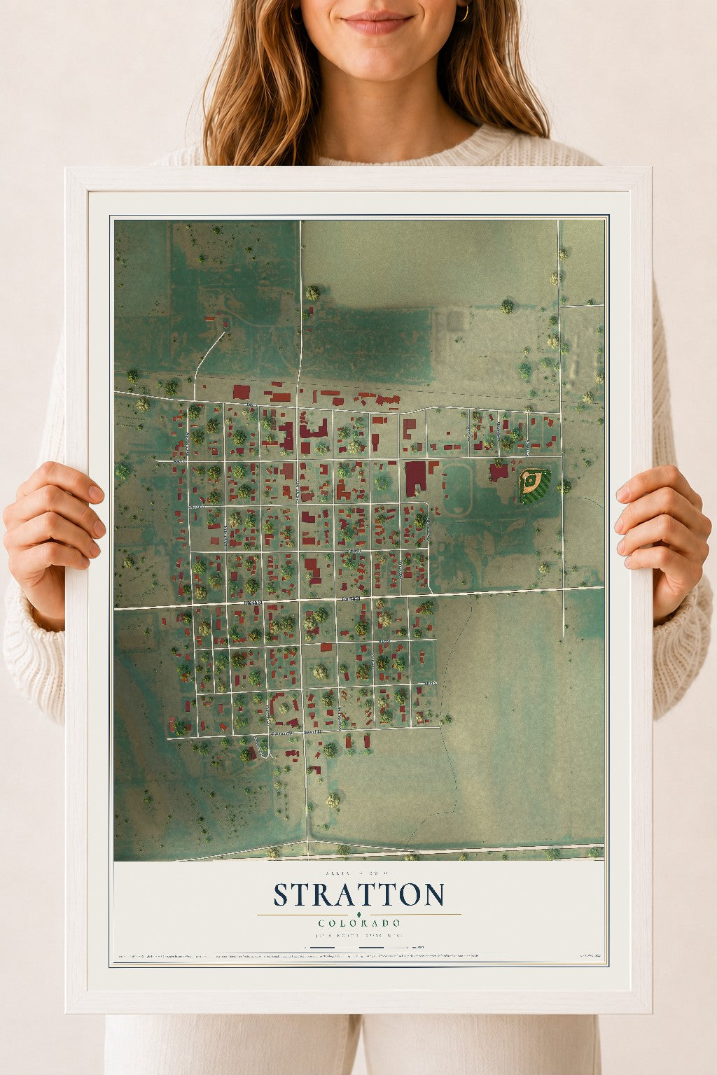 Map of Stratton, Colorado, 18 x 24 inch print in a white wood frame