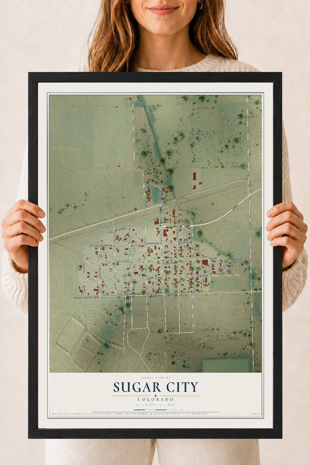 Map of Sugar City, Colorado, 18 x 24 inch print in a black wood frame