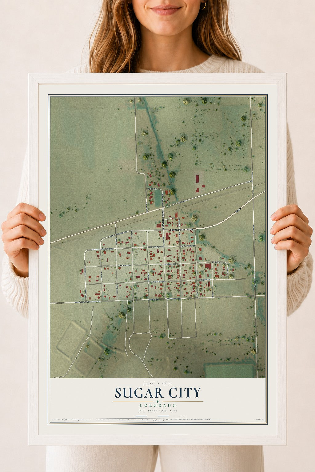 Map of Sugar City, Colorado, 18 x 24 inch print in a white wood frame